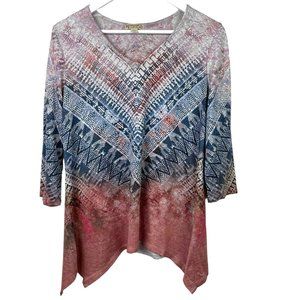 ENERGE World Wear Womens M Multicolor Patterned Shark Bite Hem 3/4 Sleeve Blouse